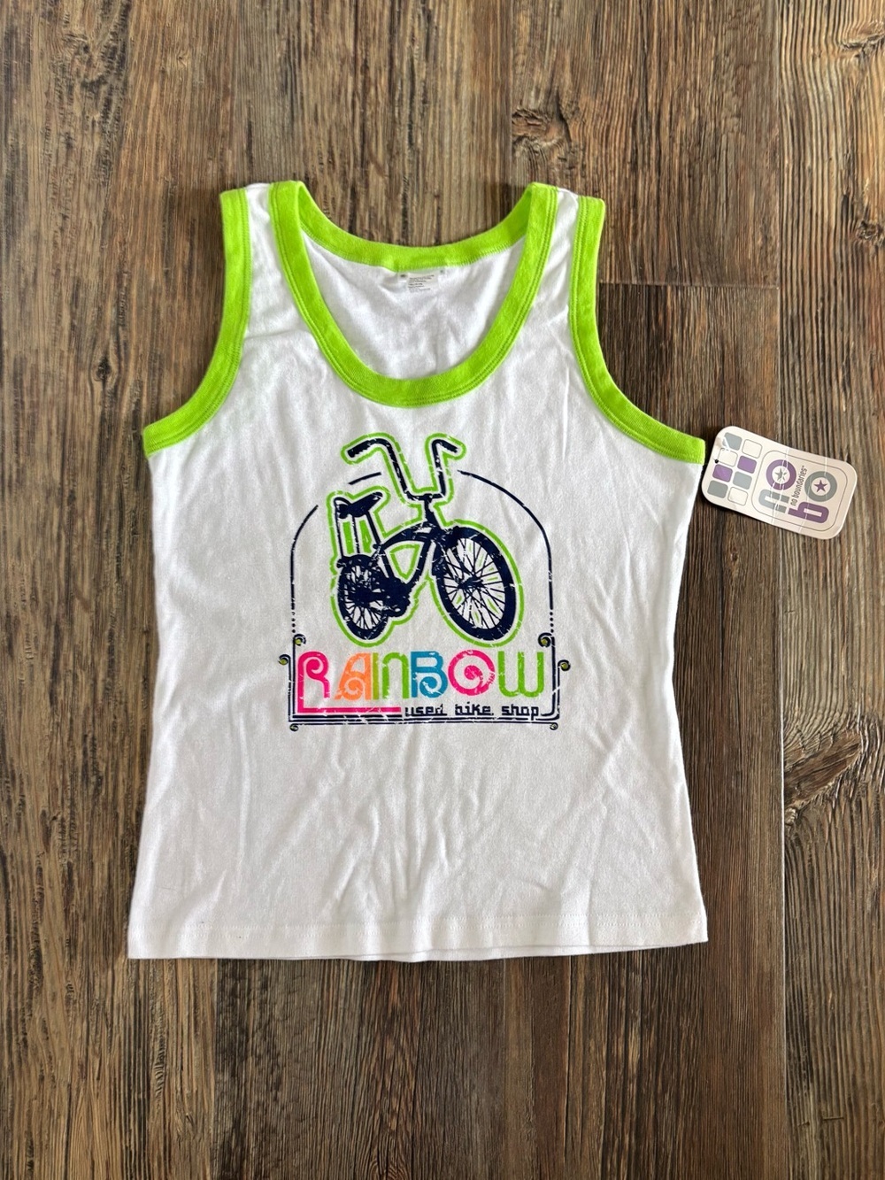 Vtg No Boundaries NoBo Tank Top S White Green Trim “Rainbow Used Bike Shop” Y2K